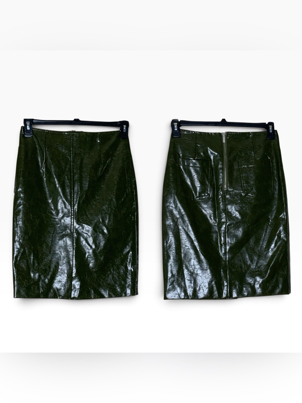 AKIRA Dark Olive Faux Leather Mini Skirt with side and back pockets. Size S